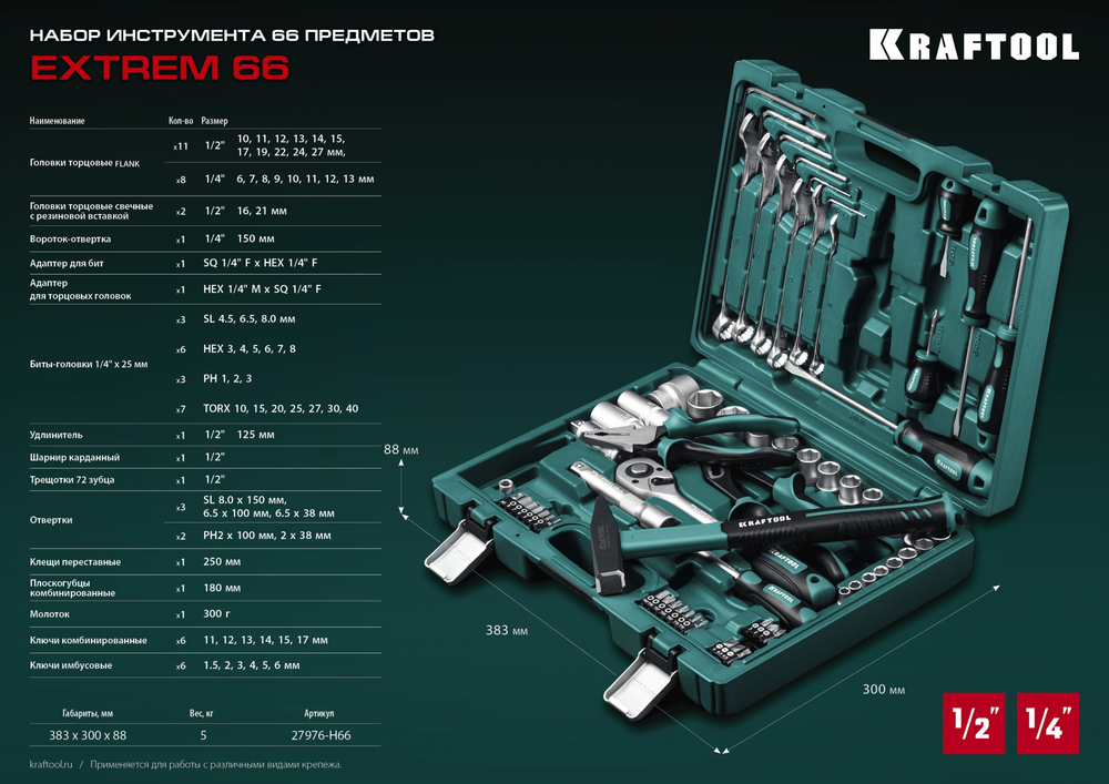 KRAFTOOL EXTREM-66, 66 предм., (1/2″+1/4″), универсальный набор инструмента (27976-H66)