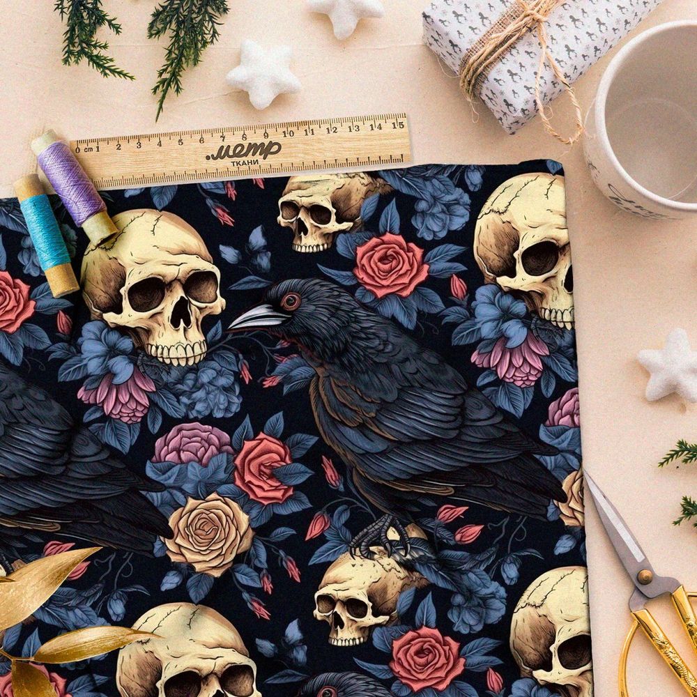 Ткань премиум дюспо мрачные черепа с птицами