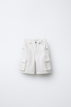ZARA ДЖИНСОВЫЕ ШОРТЫ С КАРМАНАМИ, ЭКРЮ