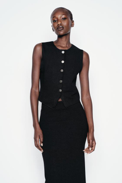 ZARA ЖИЛЕТ ИЗ ЭЛАСТИЧНОГО ТРИКОТАЖА С ПУГОВИЦАМИ, ЧЕРНЫЙ