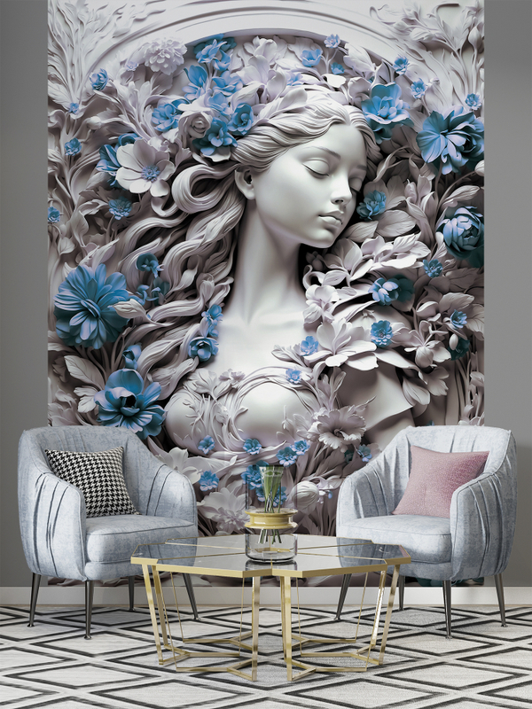 3D Фотообои в стиле барельеф "Девушка и синие цветы" вправо