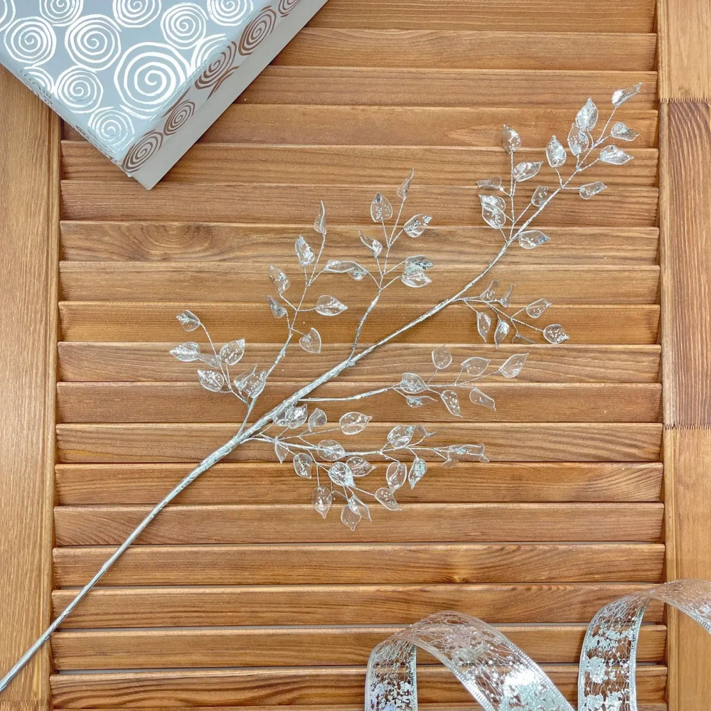 Ветка декоративная «Сияющие листья» 65 см, Серебро