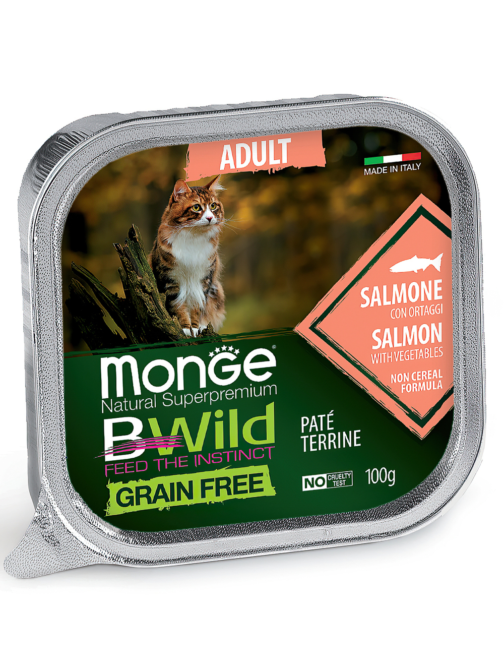 Monge Cat BWild GRAIN FREE беззерновые консервы из лосося с овощами для взрослых кошек 100г