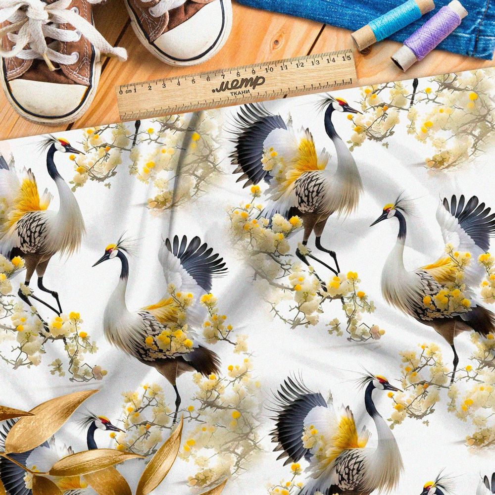 Ткань габардин  японские журавли