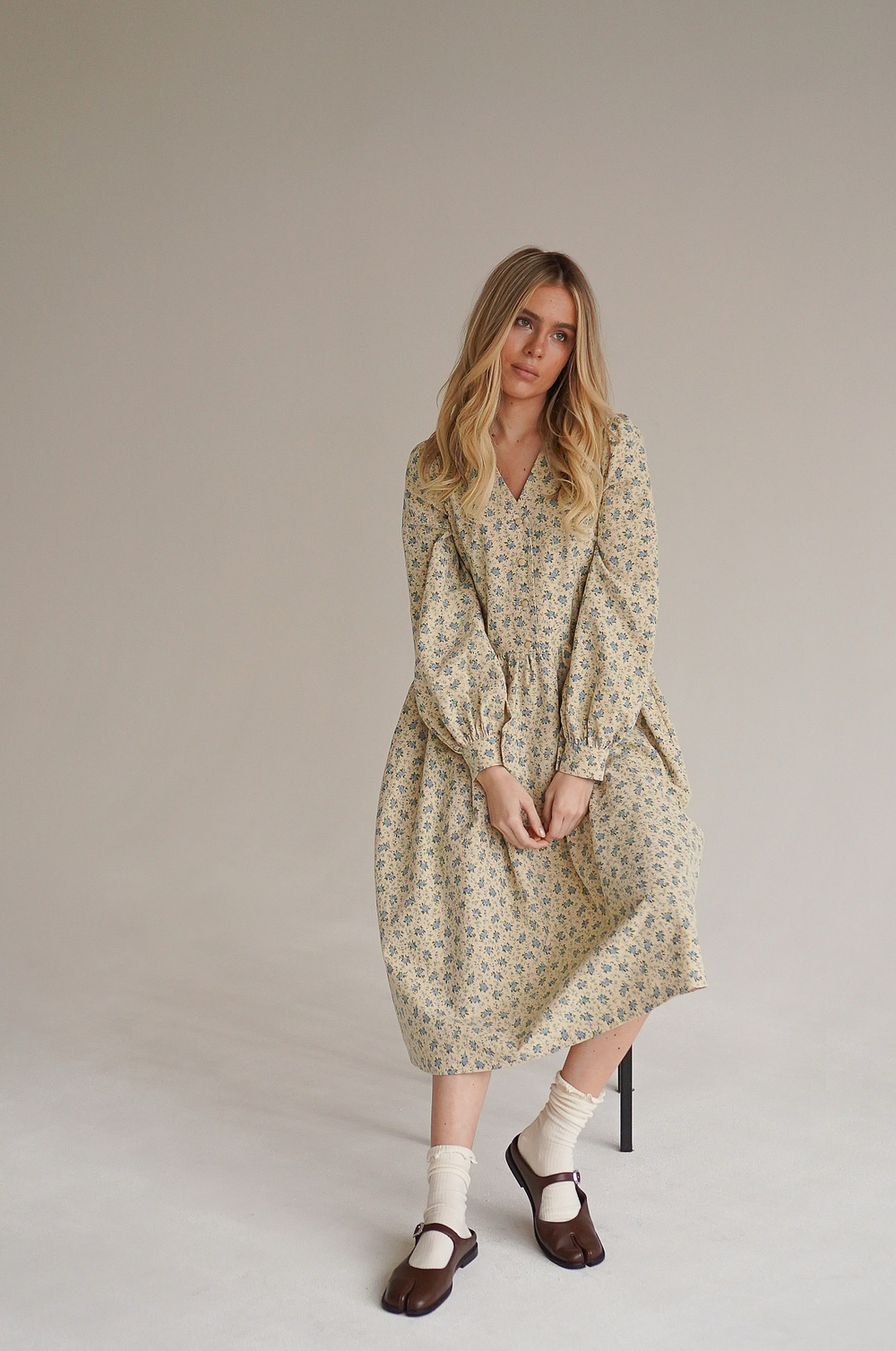 Платье Ева из фланели, Кремовый с голубыми цветами