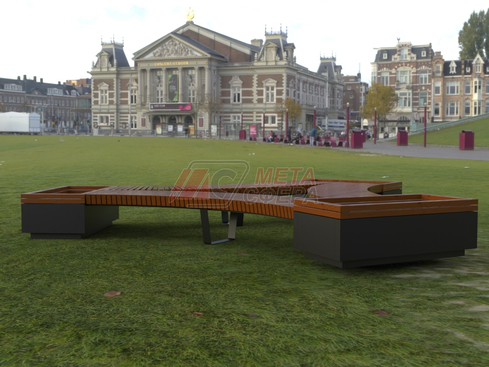 Лавка Rail Road 02 вогнутая с 3-мя вазонами