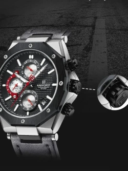 Часы наручные кварцевые NAVIFORCE на кожаном ремешке, серебристый/темно-серый W8750-03