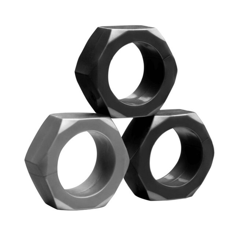 Набор эрекционных колец Tom of Finland Cock Nuts из 3-х штук (Цвет: черно-серебристый)
