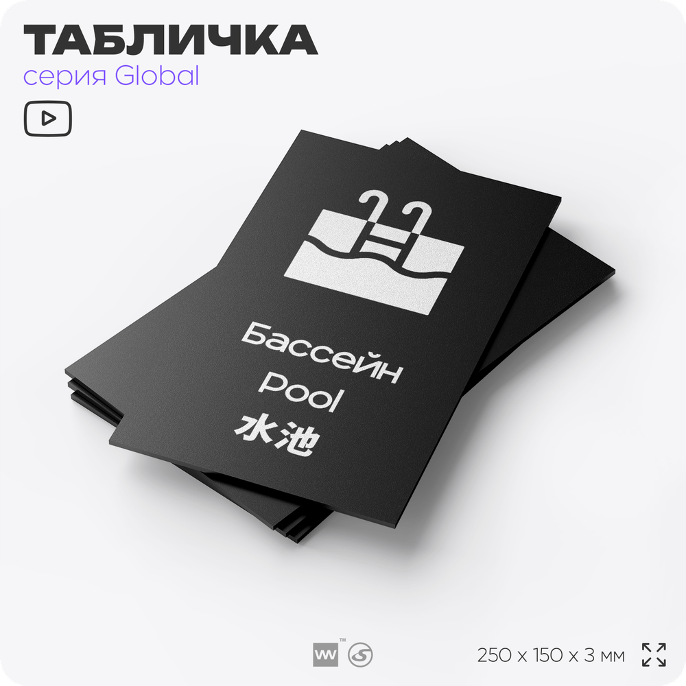 Табличка Бассейн, на дверь и стену, информационная и мультиязычная (русский, английский, китайский), серия GLOBAL, 25х15 см, Айдентика Технолоджи