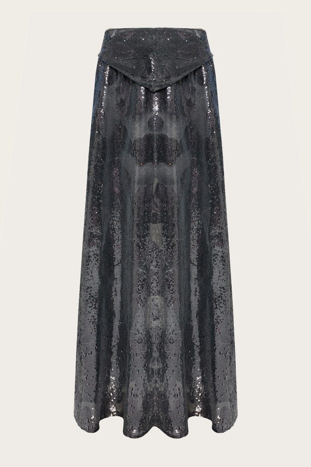 Вечерний темно-серый кейп в пайетках с капюшоном