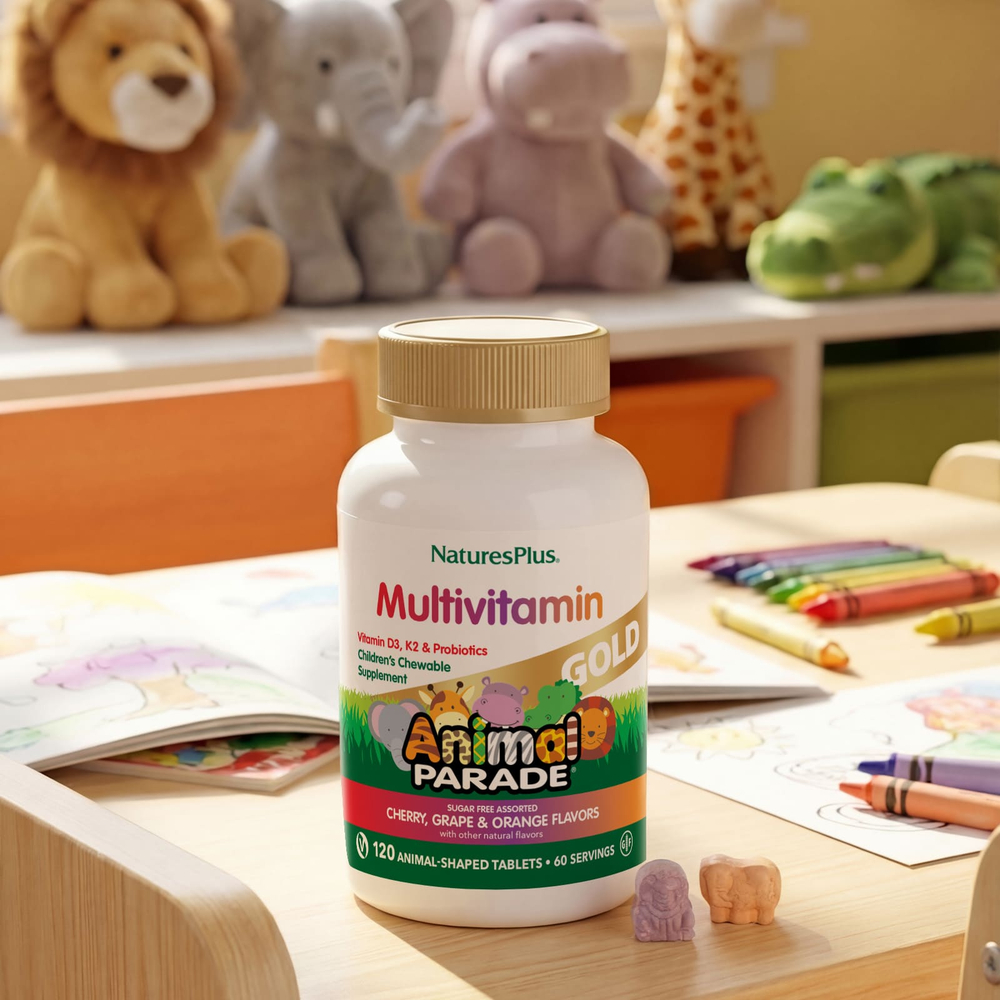 NaturesPlus, Animal Parade® Gold, жевательные мультивитамины для детей, со вкусом вишни, винограда и апельсина, 120 таблеток в форме животных