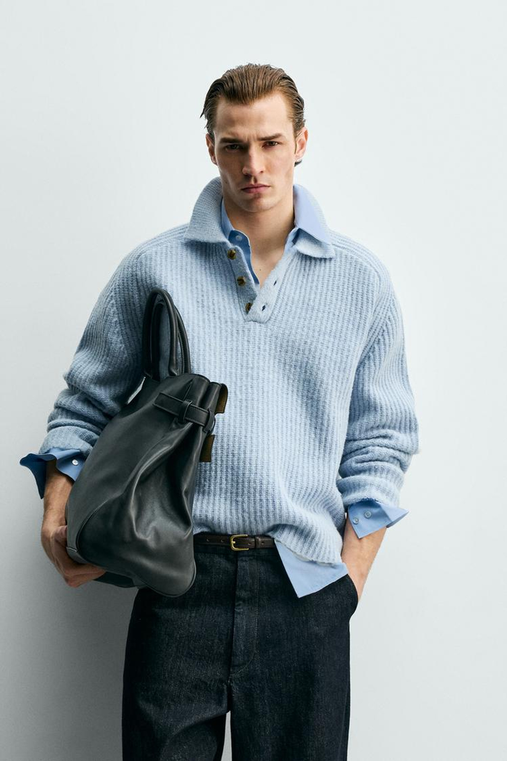 ZARA ПОЛО ИЗ ДВУХИЗНАНОЧНОГО ТРИКОТАЖА С МЕШАНОЙ ШЕРСТЬЮ, НЕБЕСНО-ГОЛУБОЙ