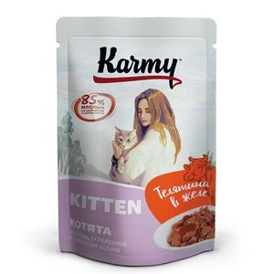 Влажный корм корм для котят и кошек, Karmy KITTEN, телятина в желе, пауч