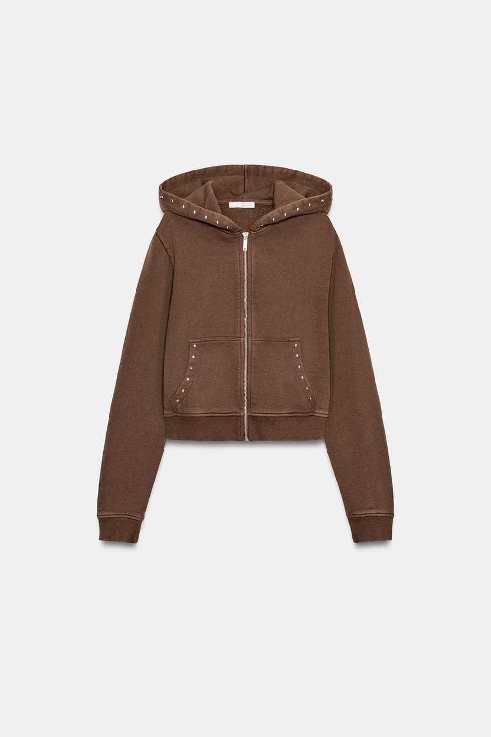 ZARA ТОЛСТОВКА ИЗ ФЛИСА С ЭФФЕКТОМ ПОТЕРТОСТИ И ЗАКЛЕПКАМИ, ТЕМНО-КОРИЧНЕВЫЙ