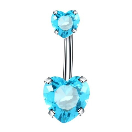 Украшение для пирсинга пупка "Два сердца" с голубыми кристаллами . Медицинская сталь