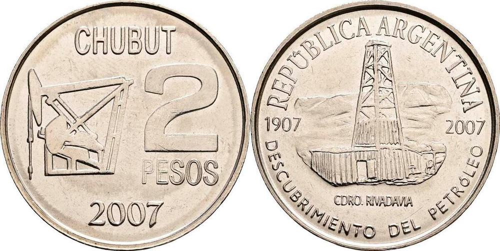 Аргентина 2 песо, 2007 100 лет нахождению нефти в Аргентине UNC