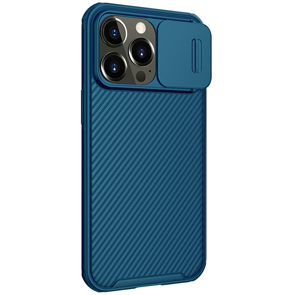 Усиленный чехол синего цвета для iPhone 13 Pro от Nillkin, серия CamShield Pro Case, с сдвижной шторкой для камеры