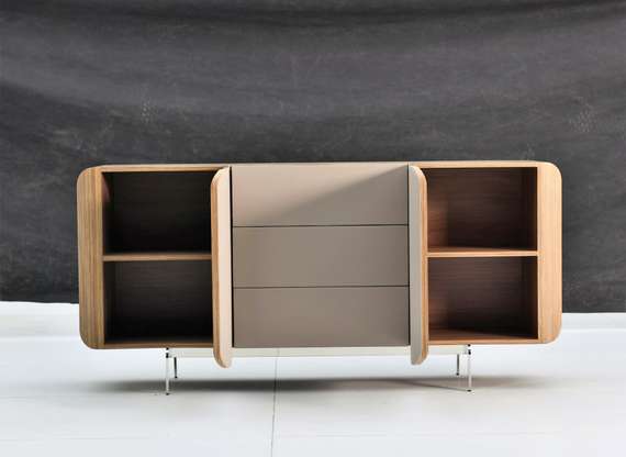 Комод SG-46, 160х76 см, бежевая экокожа, шпон ореха