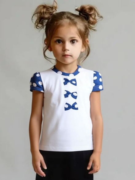 1403 Футболка детская с бантиками кулирка белый/горох на синем (60-116)