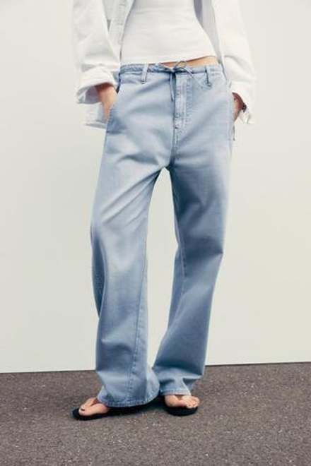 ZARA БРЮКИ ЧИНОС С ПОЯСОМ, ГОЛУБОЙ