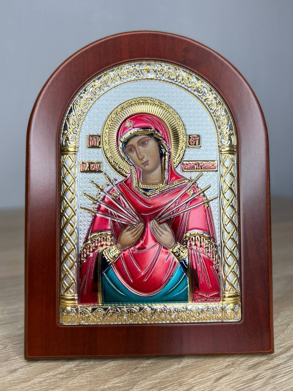 Семистрельная БМ, икона арочная, красное дерево, эмаль 105х140