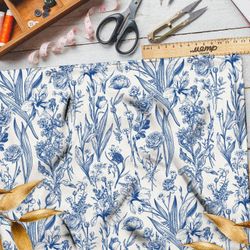 Ткань интерлок цветы голубого и синего оттенка