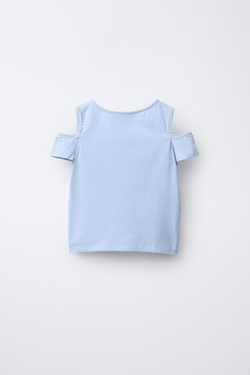 ZARA ФУТБОЛКА С ЖЕМЧУЖИНАМИ, ГОЛУБОЙ