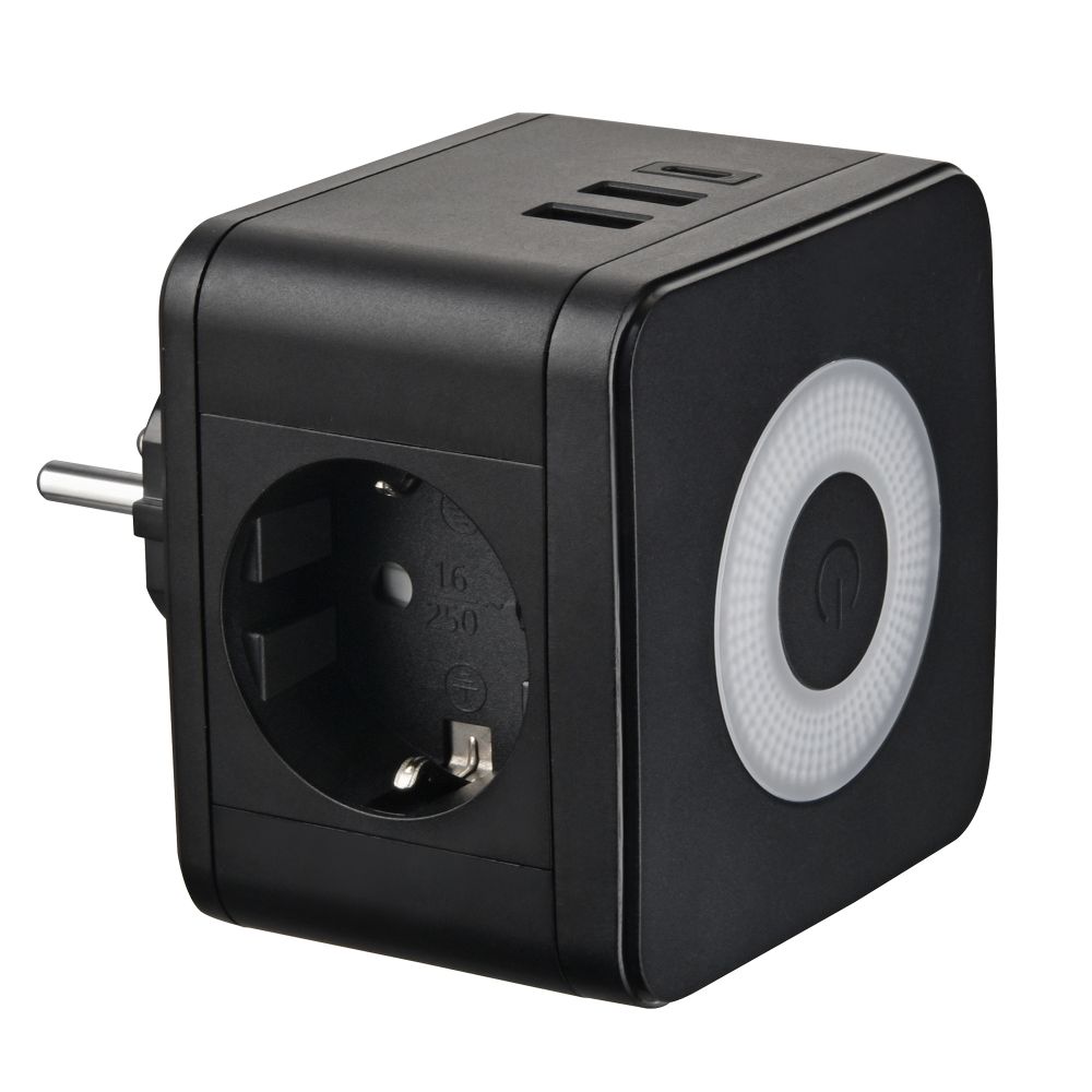 S-GES2-16SBUC BLACK Разветвитель сетевой с выключателем. с-з. 2 гнезда. 2USB+1TYPE C. 16А. 3500Вт. Черный. ТМ Uniel