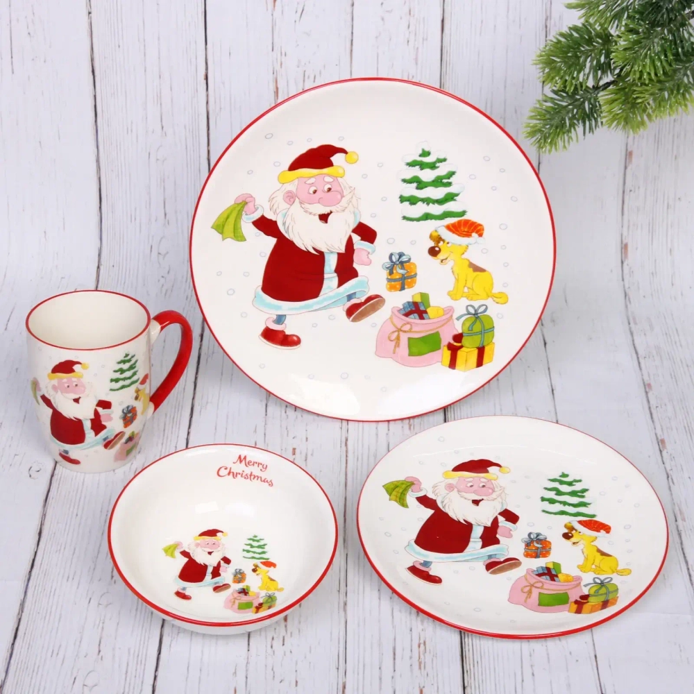 Набор посуды керамической «Дед Мороз с подарками» (кружка 330мл+салатник 13см+тарелка 20см+тарелка 25см)