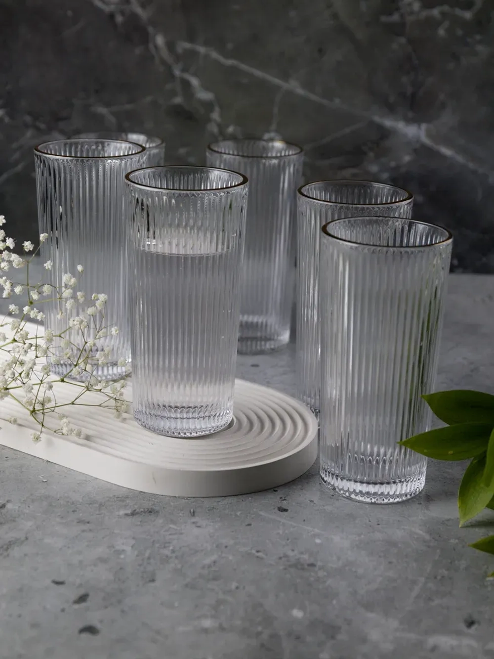 Ребристые бокалы для виски, 330 мл. 6 шт. с золотой каймой