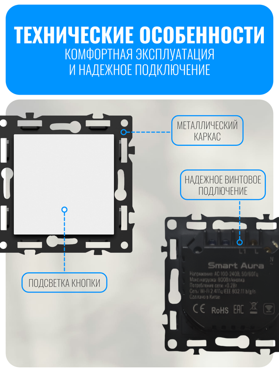 Умный кнопочный Wi-Fi выключатель Smart Aura серия Fusion без рамки