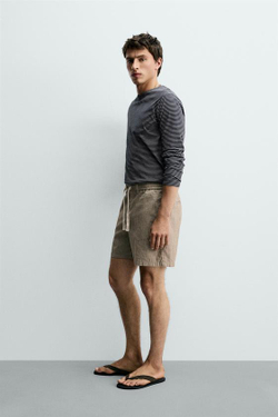 ZARA ШОРТЫ RELAXED FIT ИЗ ХЛОПКА И ЛЬНА, ПОЛОСКИ