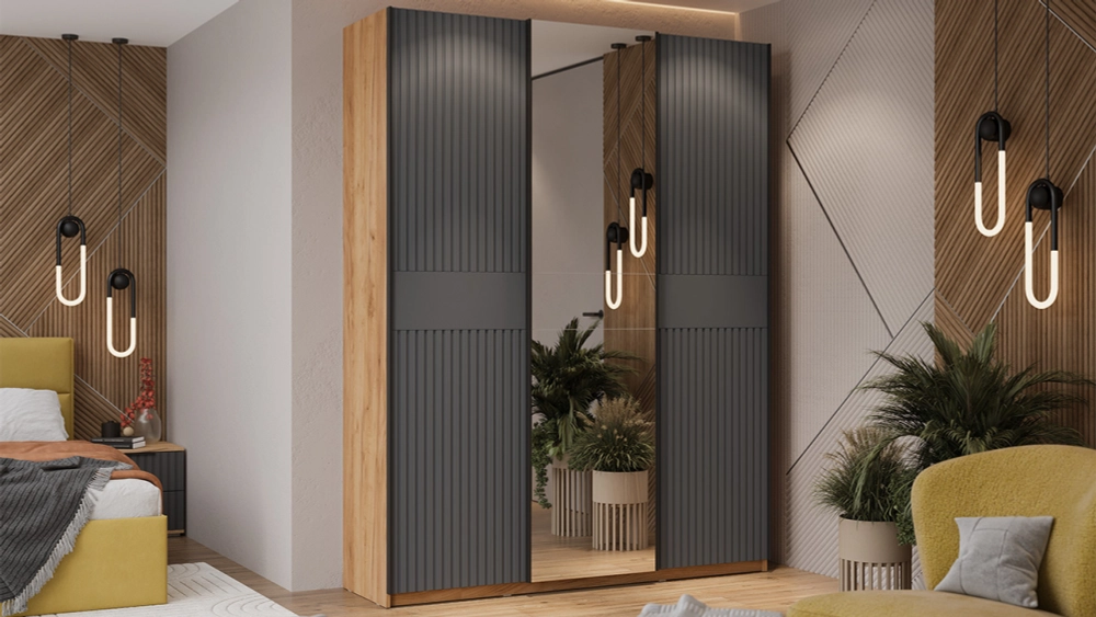 Шкаф-купе Оскар Хилтон 3-х дверный с зеркалом 177 дуб крафт золотой / графит матовый / ручка черная