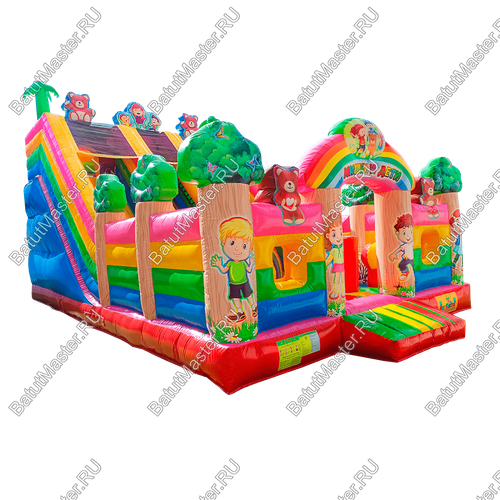 Коммерческий надувной батут "Мишки и дети", 10*6*6,5 м, с горкой 3,5 м
