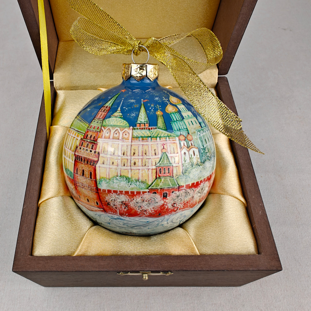 Шар новогодний с круговой росписью Палех "Кремлевская елка" -2 в футляре