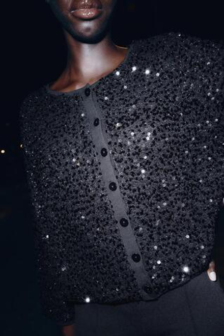 ZARA КАРДИГАН С ПАЙЕТКАМИ, ЧЕРНЫЙ