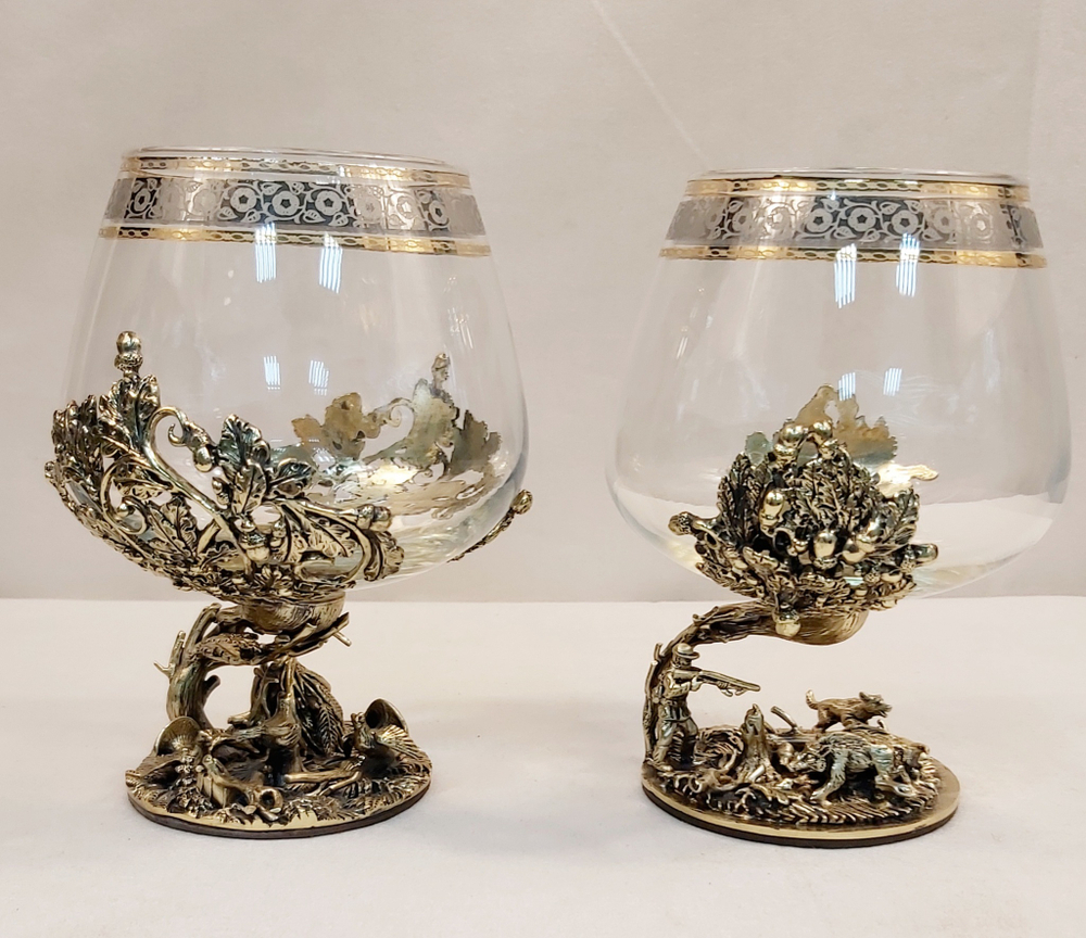 Набор из 2-х бокалов для коньяка "Охота на глухаря и Охота на кабана" (подарочный футляр)