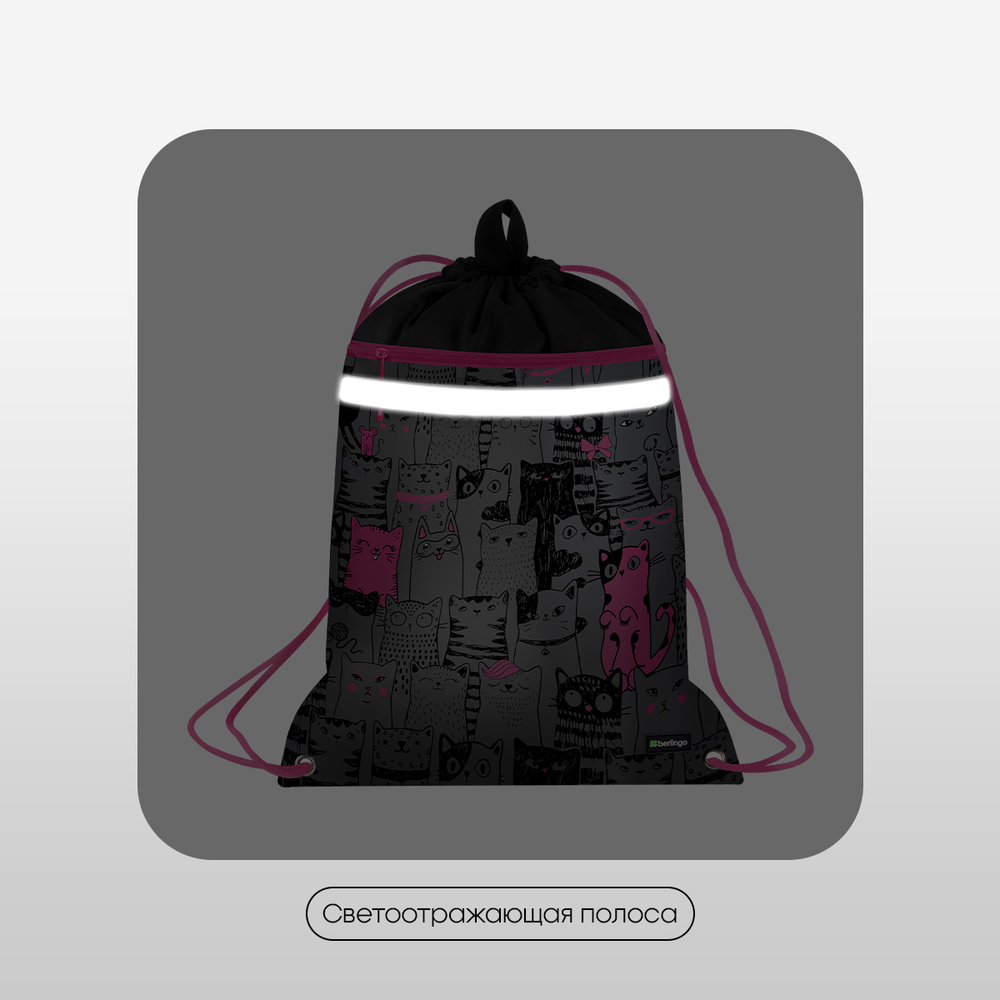 Мешок для обуви 1 отделение Berlingo "Happy Cats", 360*460мм, вентиляционная сеточка , светоотражающая лента, карман на молнии