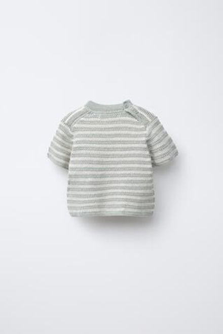 ZARA ТРИКОТАЖНЫЙ ТОП В ПОЛОСКУ С КОРОТКИМИ РУКАВАМИ, ЭКРЮ