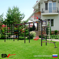 Уличная шведская стенка Sv Sport рукоход х 2 с комплектом турник прямой У54455К (Турник/Брусья/Стойка/Скамья/Со спинкой/Щит баскет/Кронш бокс/Канат/кольца/лестница/Сетка)