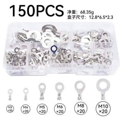 Кольцевые наконечники M3/M4/M5/M6/M8/M10, набор медных клемм для проводов 150шт. Лужёные.