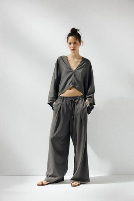 ZARA БРЮКИ ИЗ ЛЬНА, ТЕМНО-СЕРЫЙ