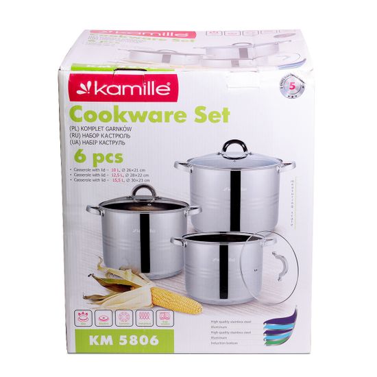 Набор кастрюль 6 предметов (10 л, 12.5 л, 15.5 л) из нержав. стали Kamille КМ5806