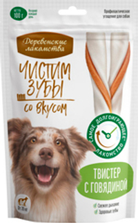 Лакомство для собак Деревенские лакомства Чистим зубы для крупных пород, твистер с говядиной, 100 г