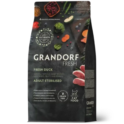 Grandorf Fresh, Fresh Duck, Adult Sterilised для стерилизованных или пожилых кошек (Свежее мясо утки с бататом)