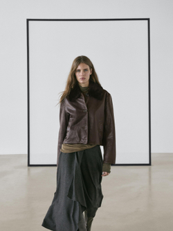 Massimo Dutti Куртка из кожи наппа с воротником из овчины, коричневый