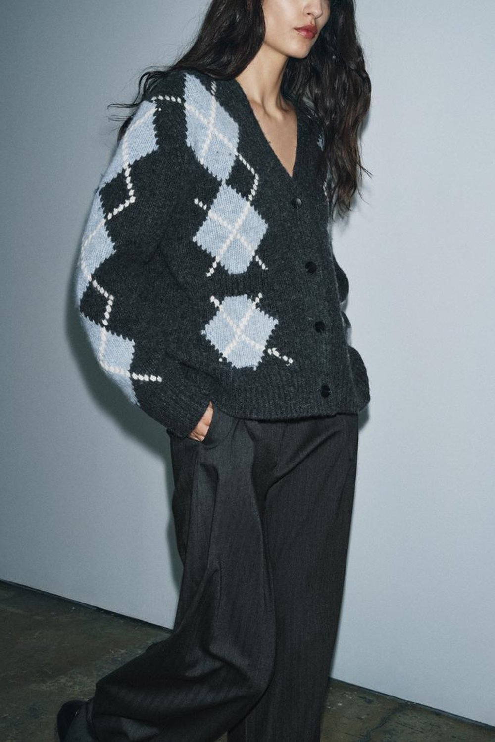 ZARА ЖАКЕТ 100% ШЕРСТЬ РОМБЫ, СЕРЫЙ/СИНИЙ