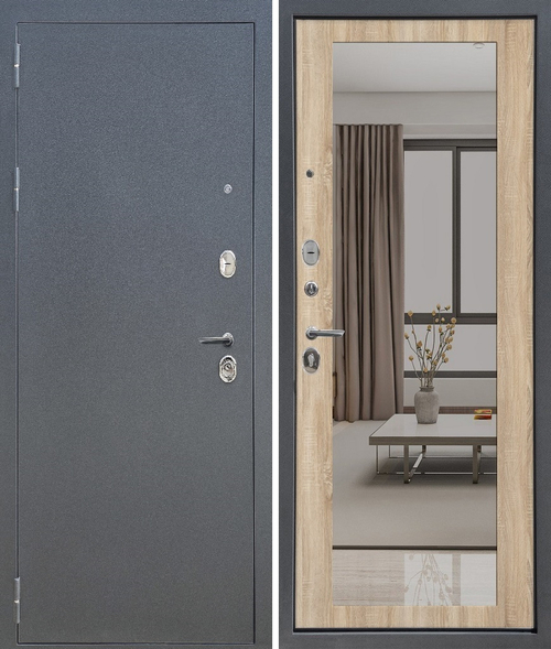 Входная дверь FlyDoors АРКАН ЗЕРКАЛО Букле графит - Дуб Сонома