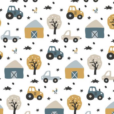 Buy kids farm fabric hand drawn cars tractor scandinavian style