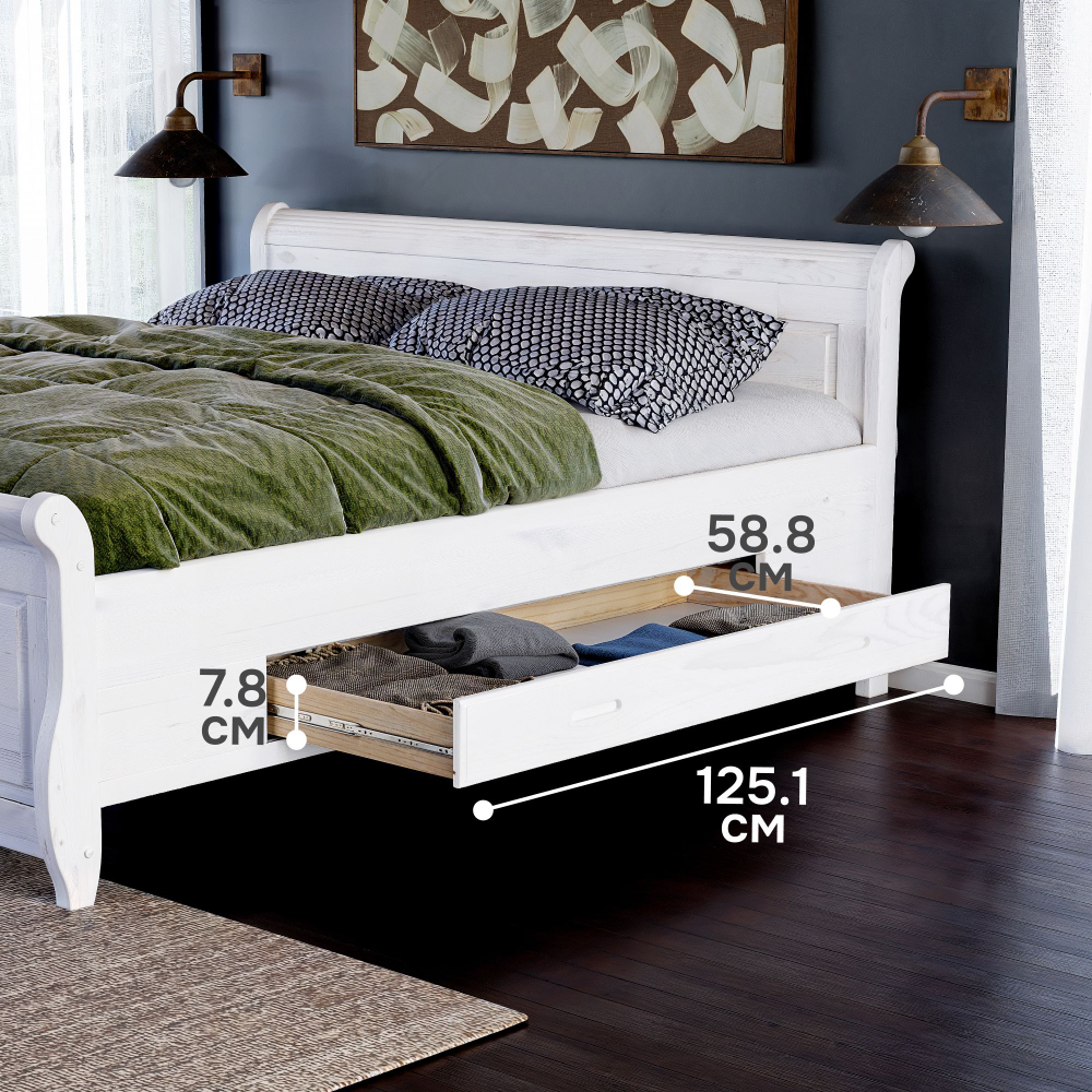 Кровать 180х200, Мальта, двуспальная, с ящиками и настилом, массив сосны, белый, Dipriz